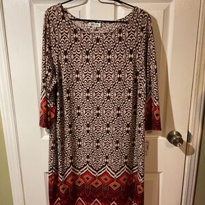 NWT Jones Studio 3/4 Sleeve Brown, Red, & Cream Geometric Aztec Pattern